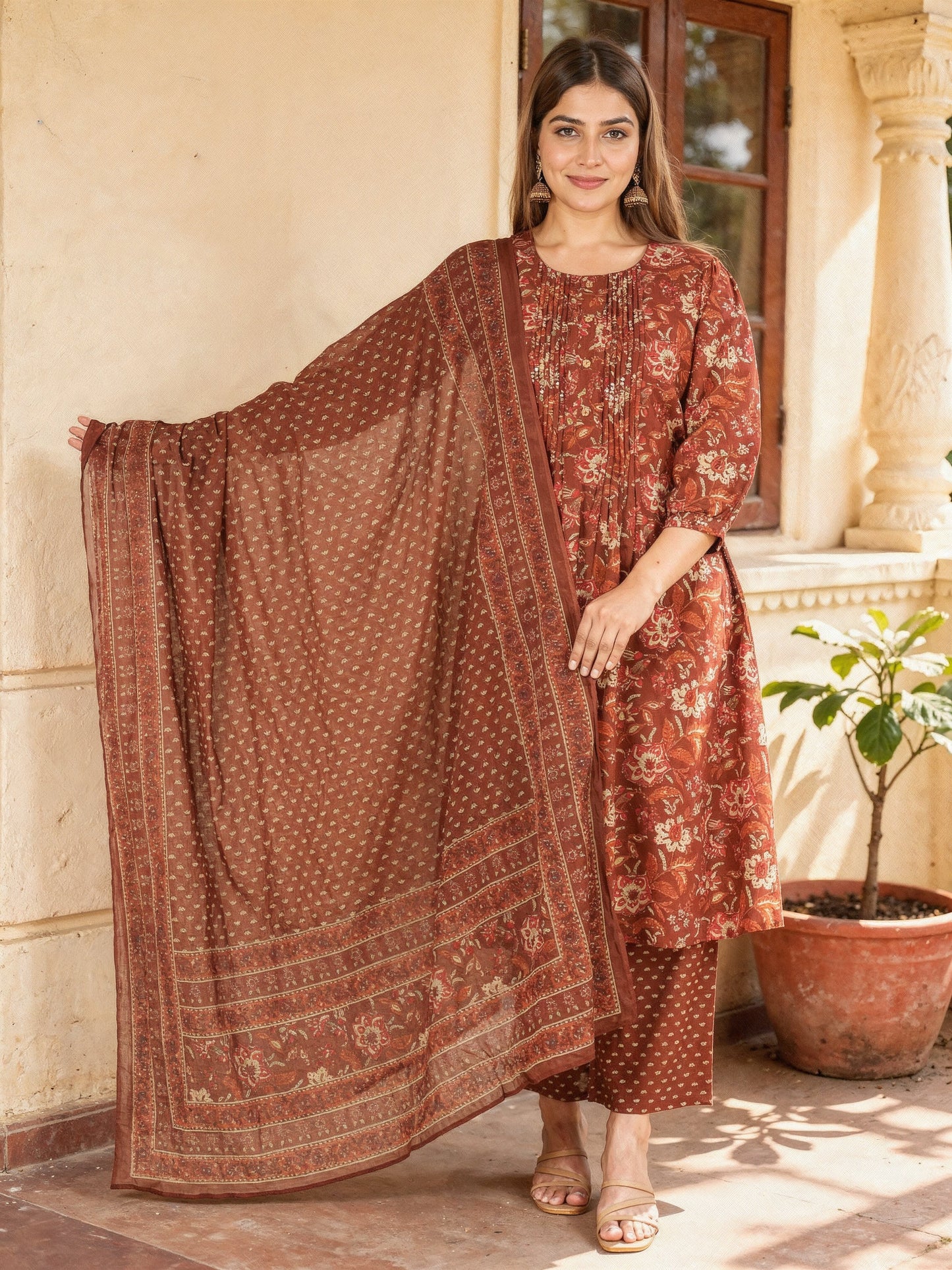 Embroidered Soft Cotton Floral Flared Brown Kurta