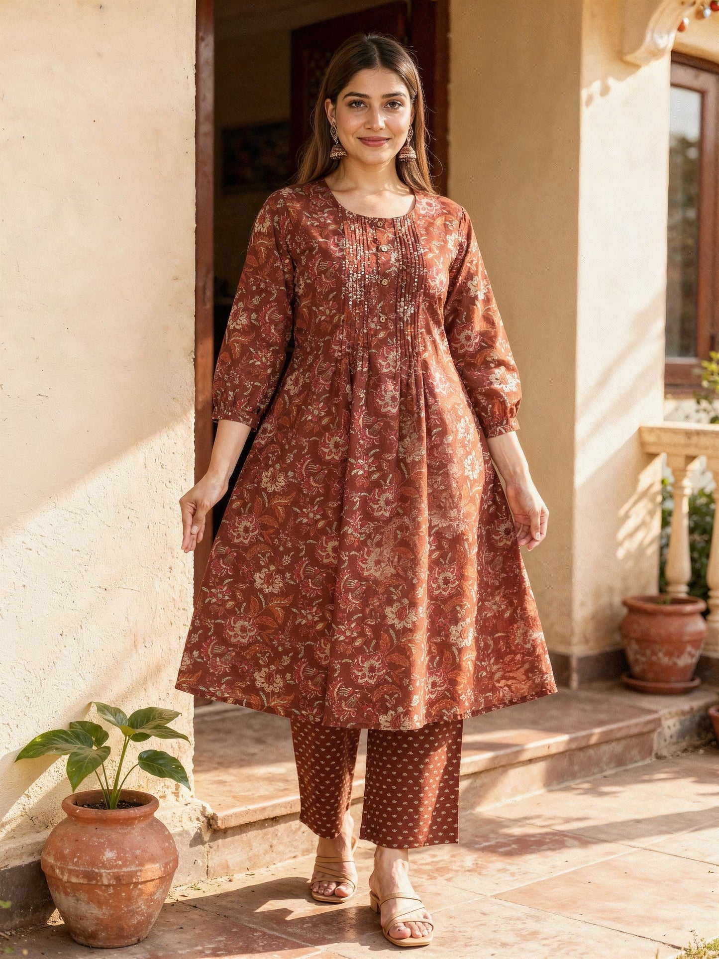 Embroidered Soft Cotton Floral Flared Brown Kurta