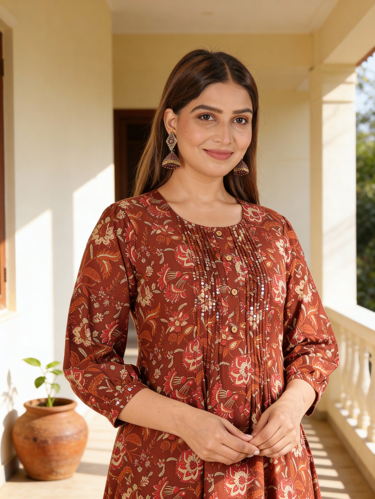 Embroidered Soft Cotton Floral Flared Brown Kurta
