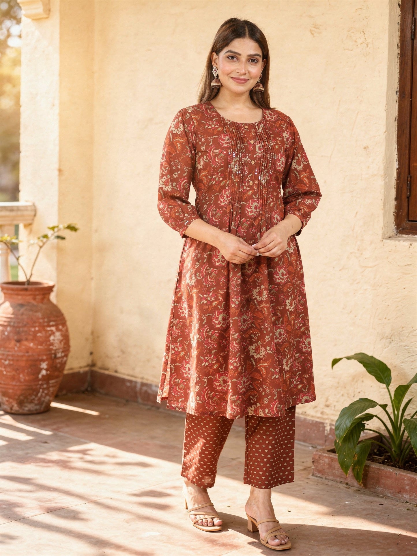 Embroidered Soft Cotton Floral Flared Brown Kurta