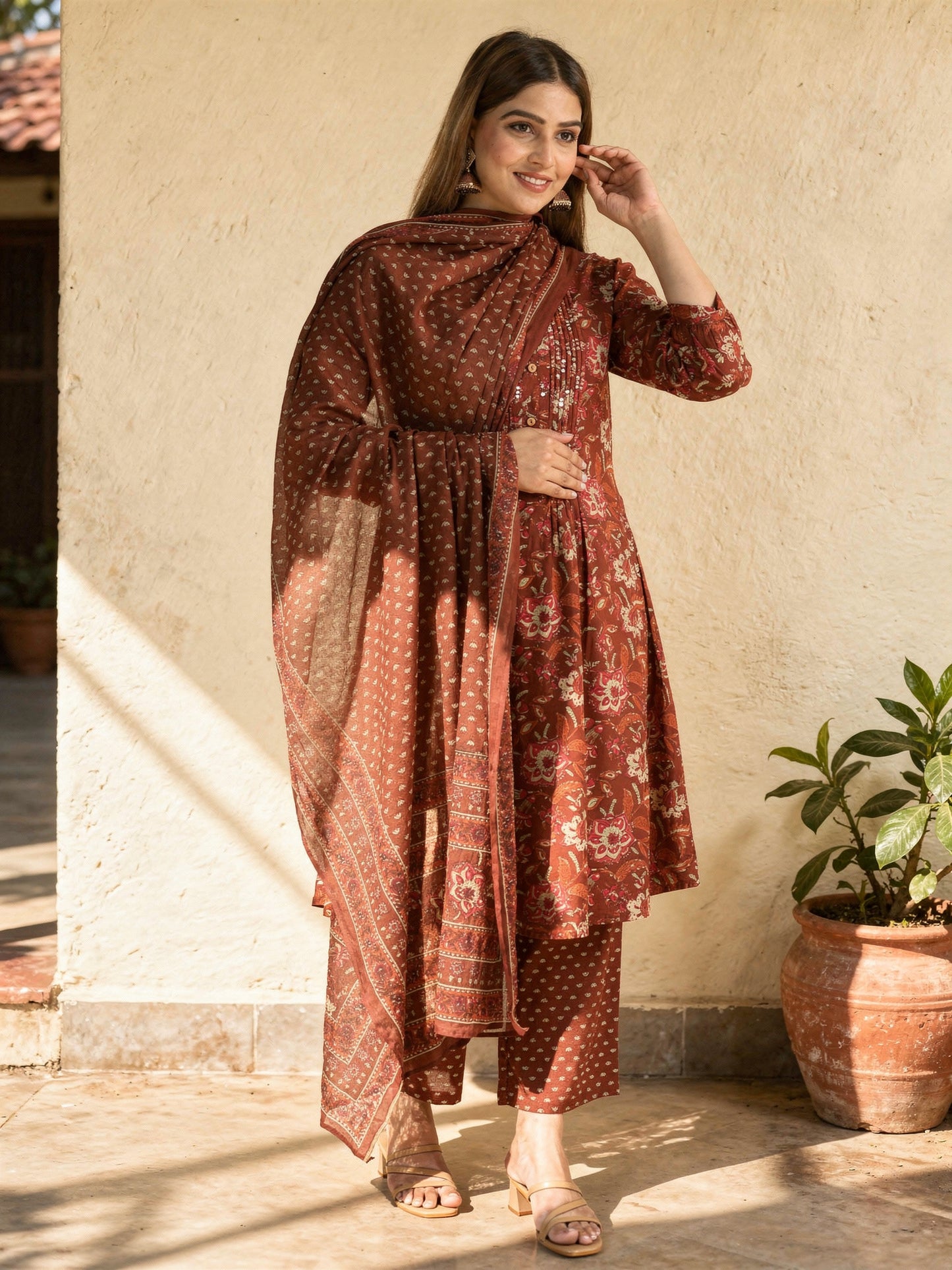 Embroidered Soft Cotton Floral Flared Brown Kurta