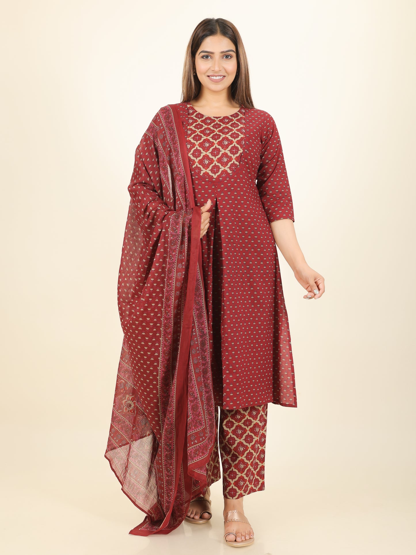Soft Cotton Floral A-line Maroon Kurta