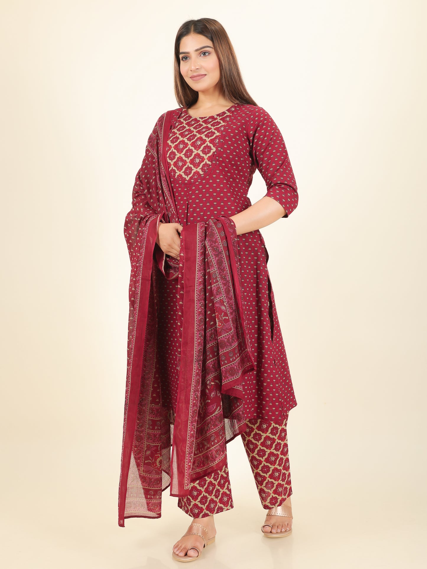 Soft Cotton Floral A-line Maroon Kurta