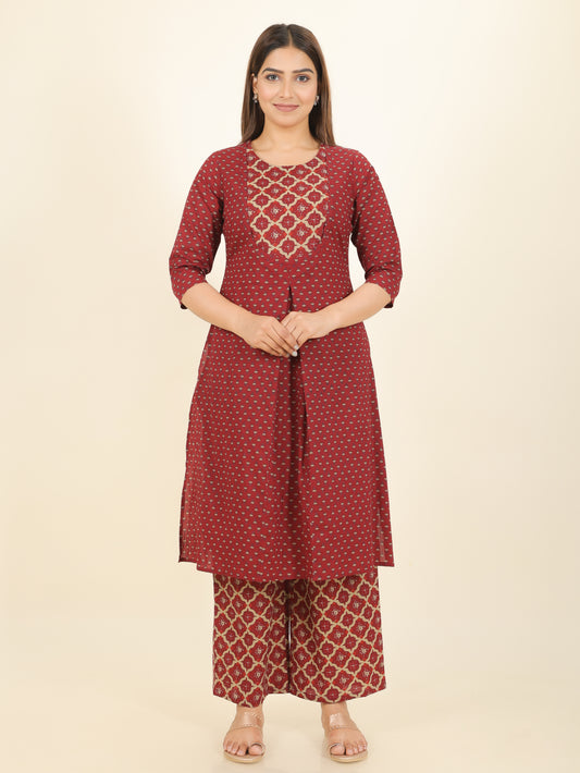 Soft Cotton Floral A-line Maroon Kurta