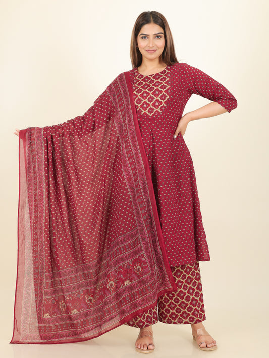 Soft Cotton Floral A-line Maroon Kurta