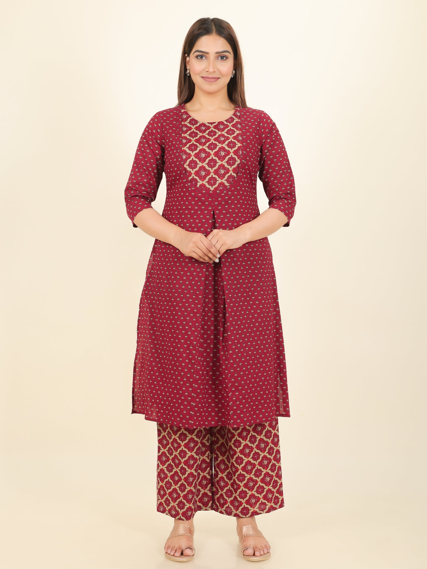 Soft Cotton Floral A-line Maroon Kurta
