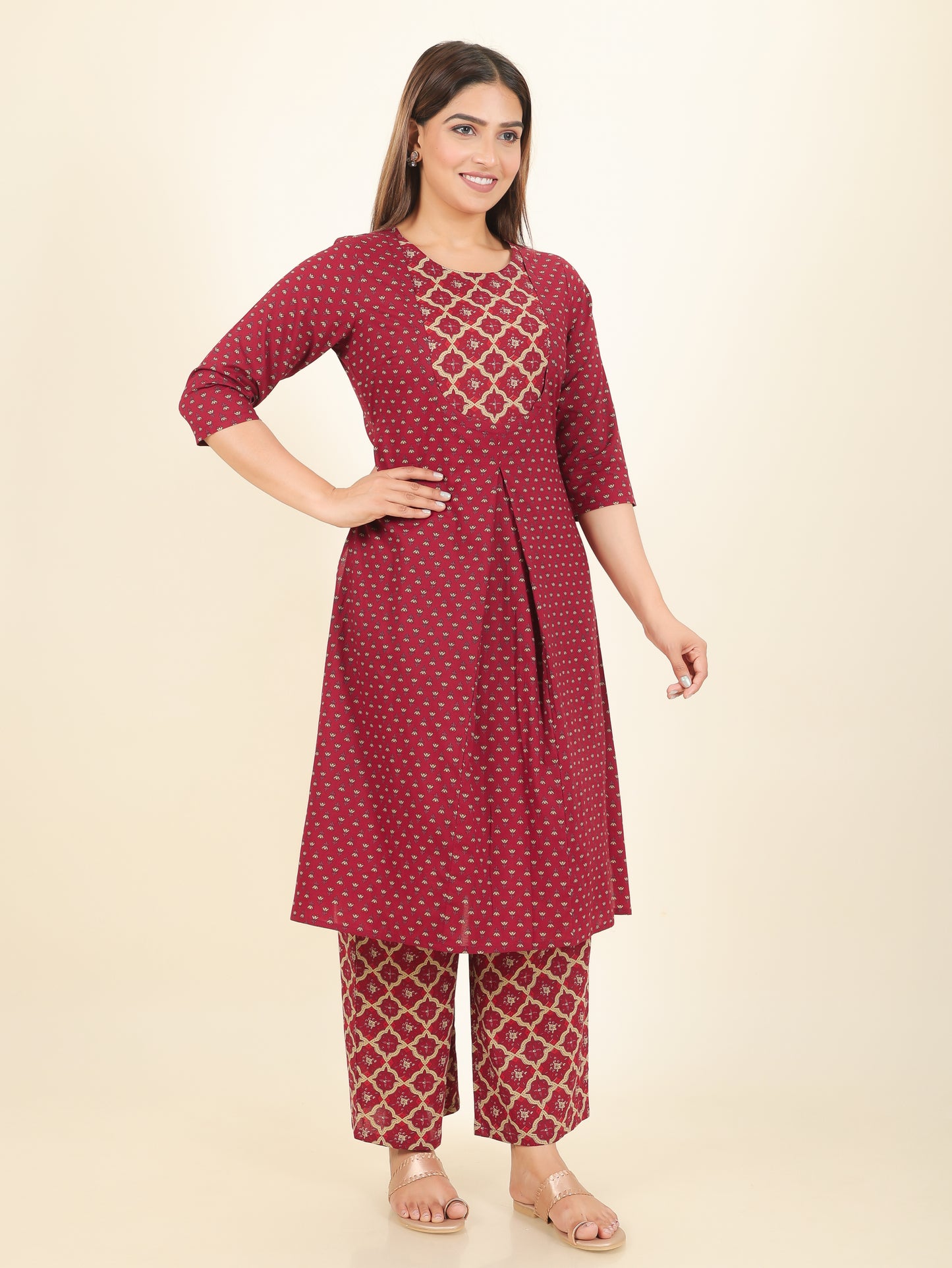 Soft Cotton Floral A-line Maroon Kurta