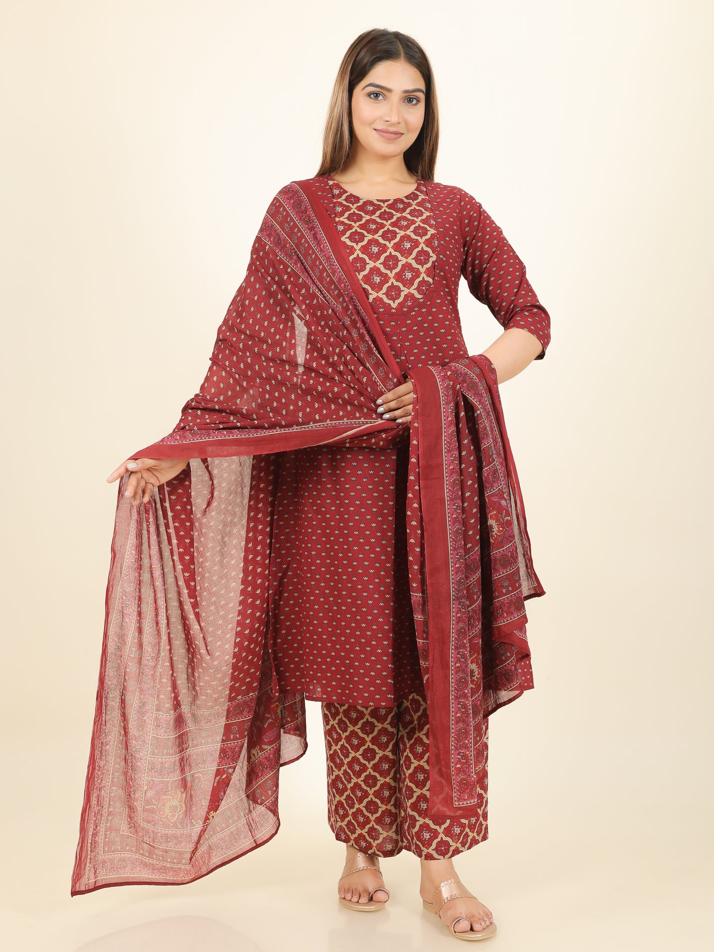 Soft Cotton Floral A-line Maroon Kurta