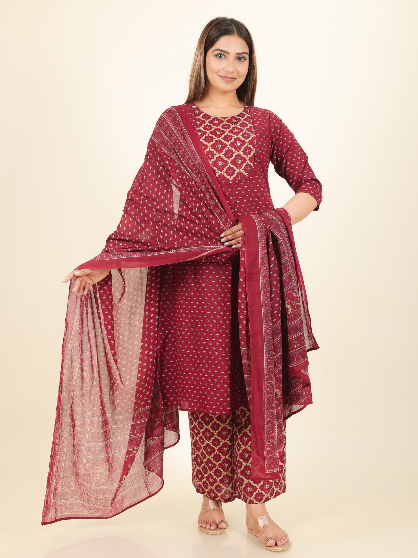 Soft Cotton Floral A-line Maroon Kurta