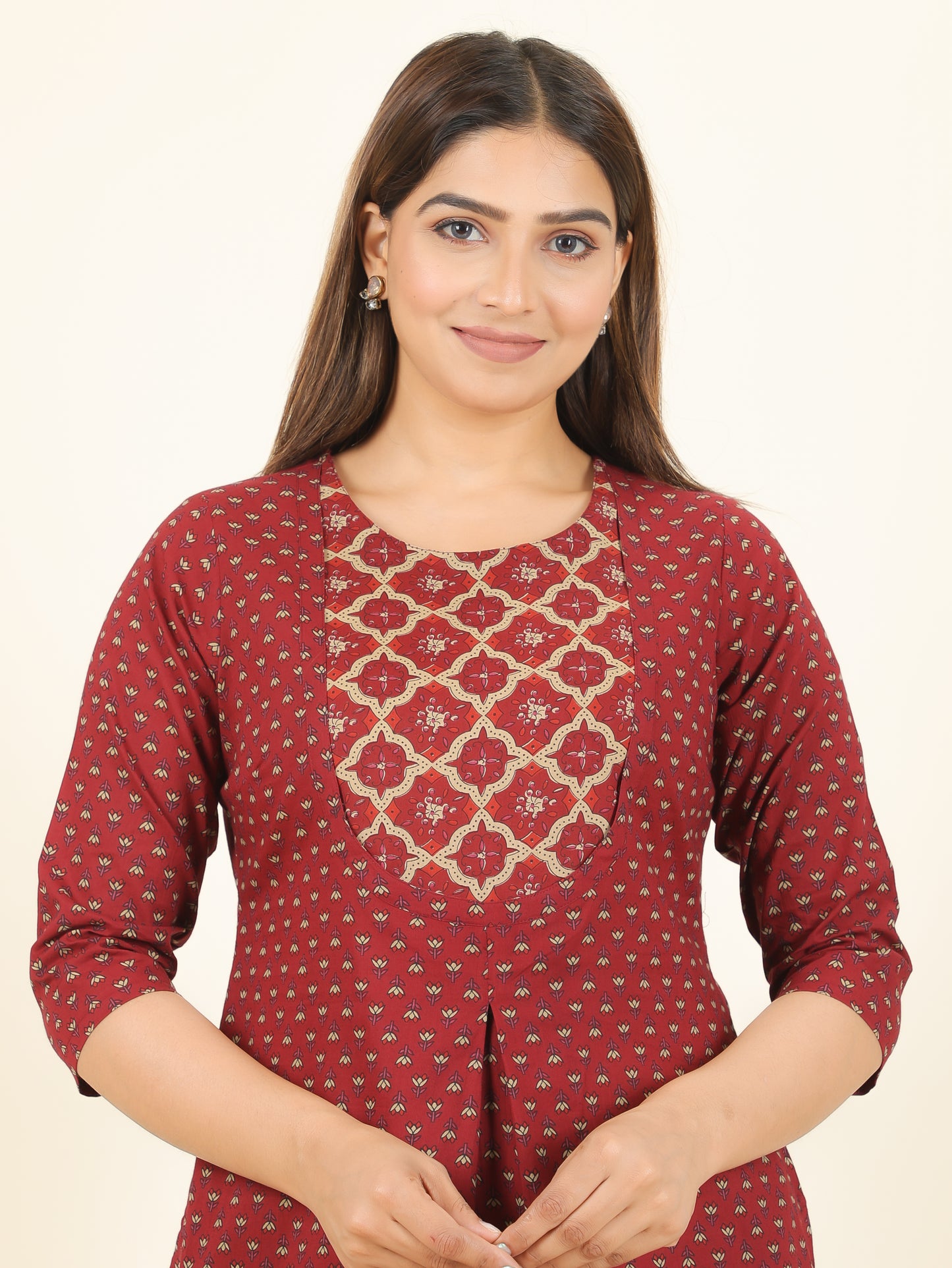 Soft Cotton Floral A-line Maroon Kurta