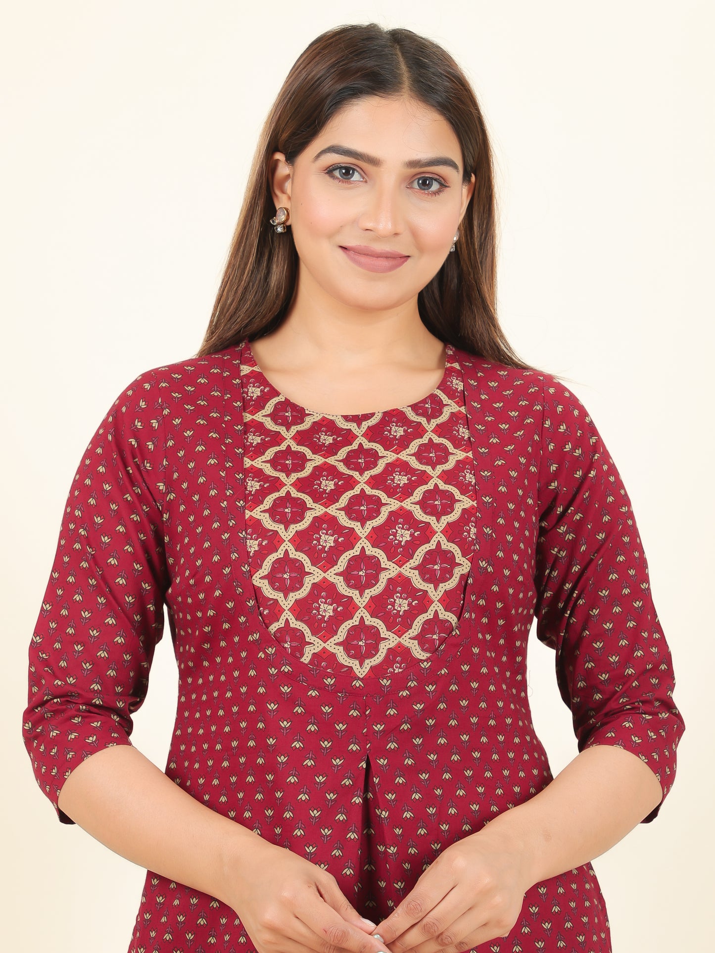 Soft Cotton Floral A-line Maroon Kurta