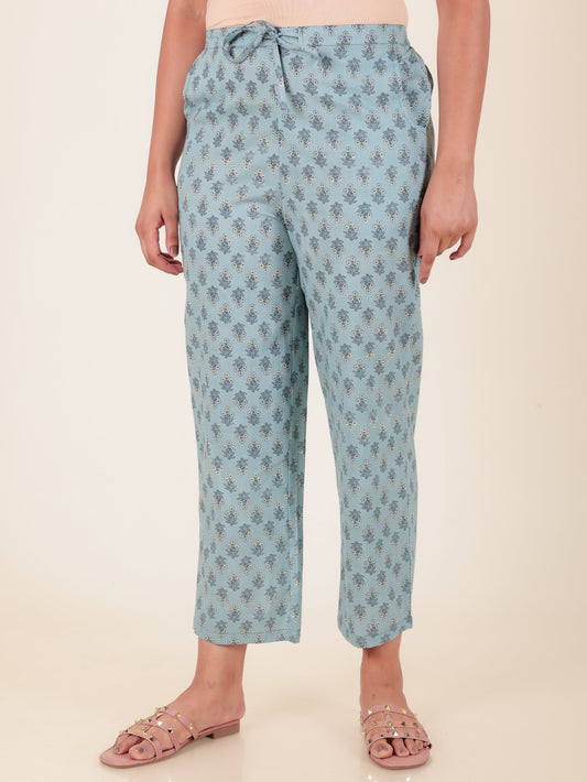 Soft Cotton Floral Blue Straight Trousers