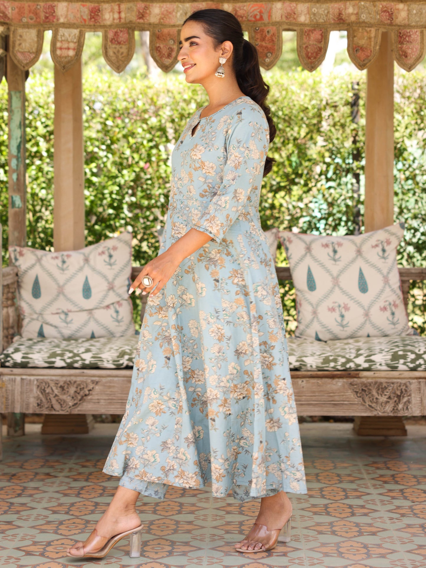 Embroidered Soft Cotton Floral Flared Blue Kurta
