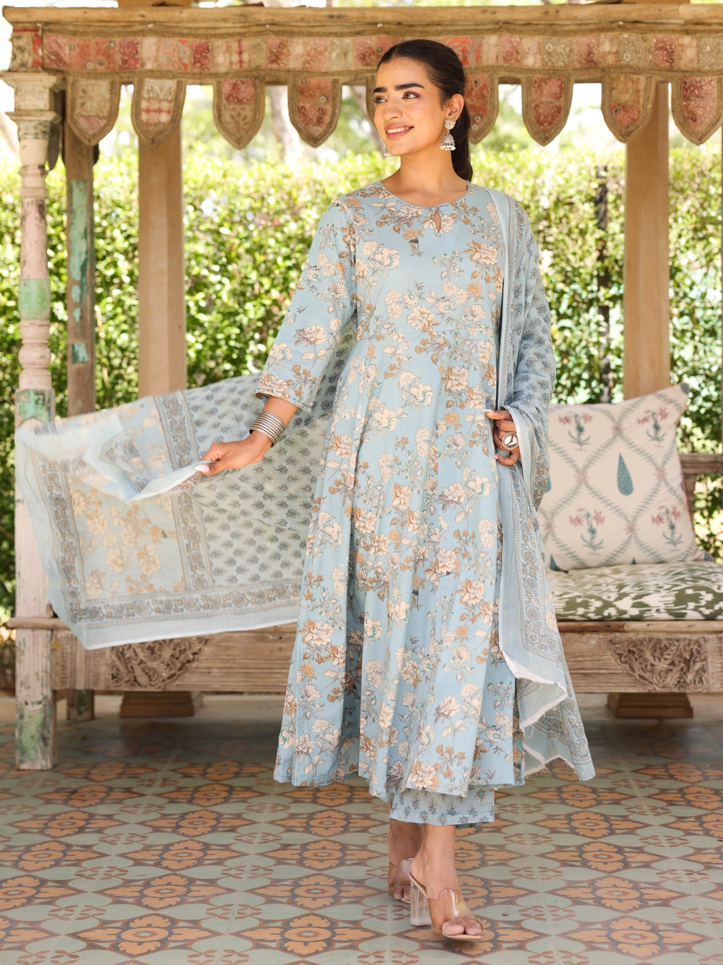 Embroidered Soft Cotton Floral Flared Blue Kurta