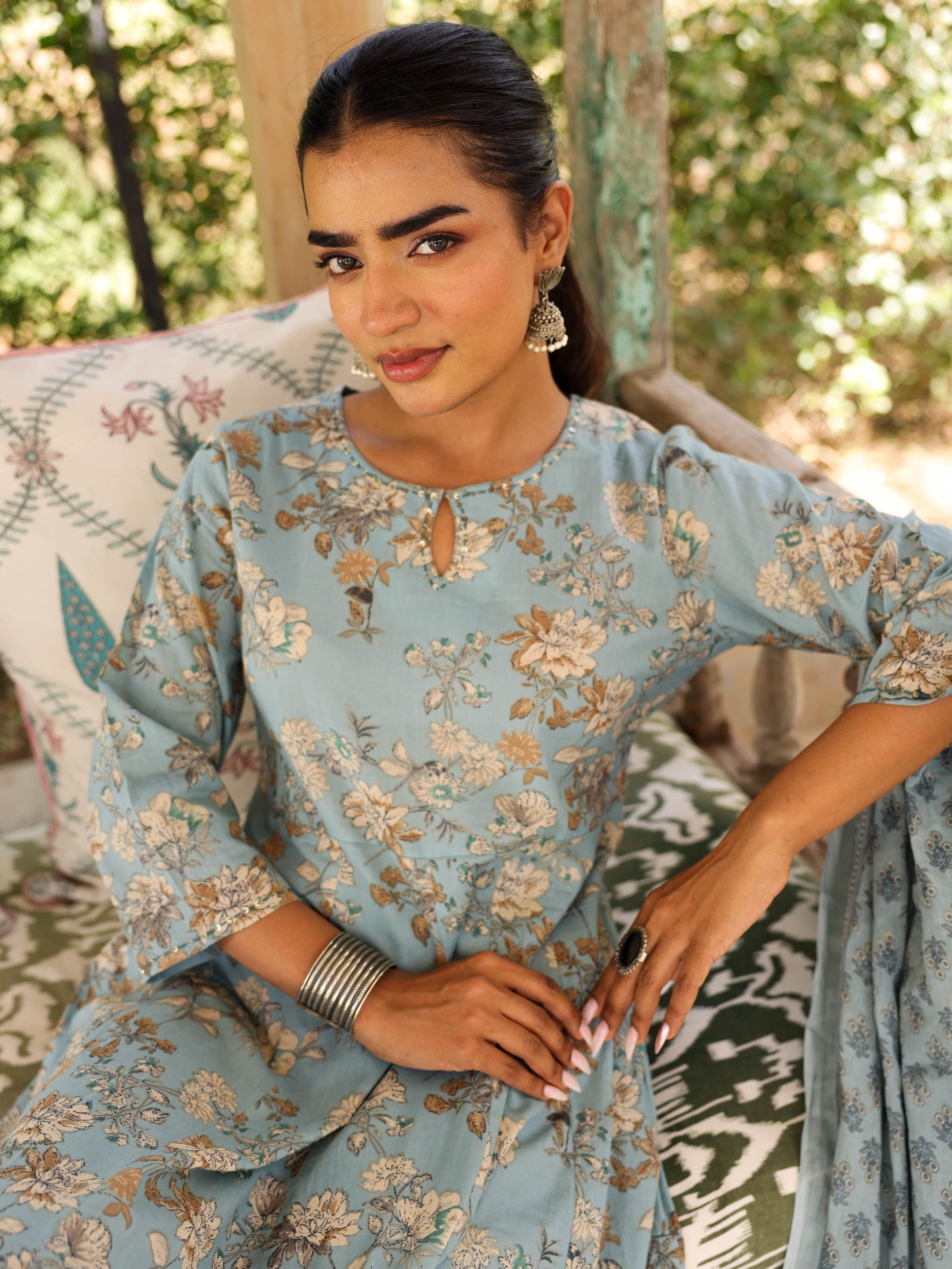 Embroidered Soft Cotton Floral Flared Blue Kurta