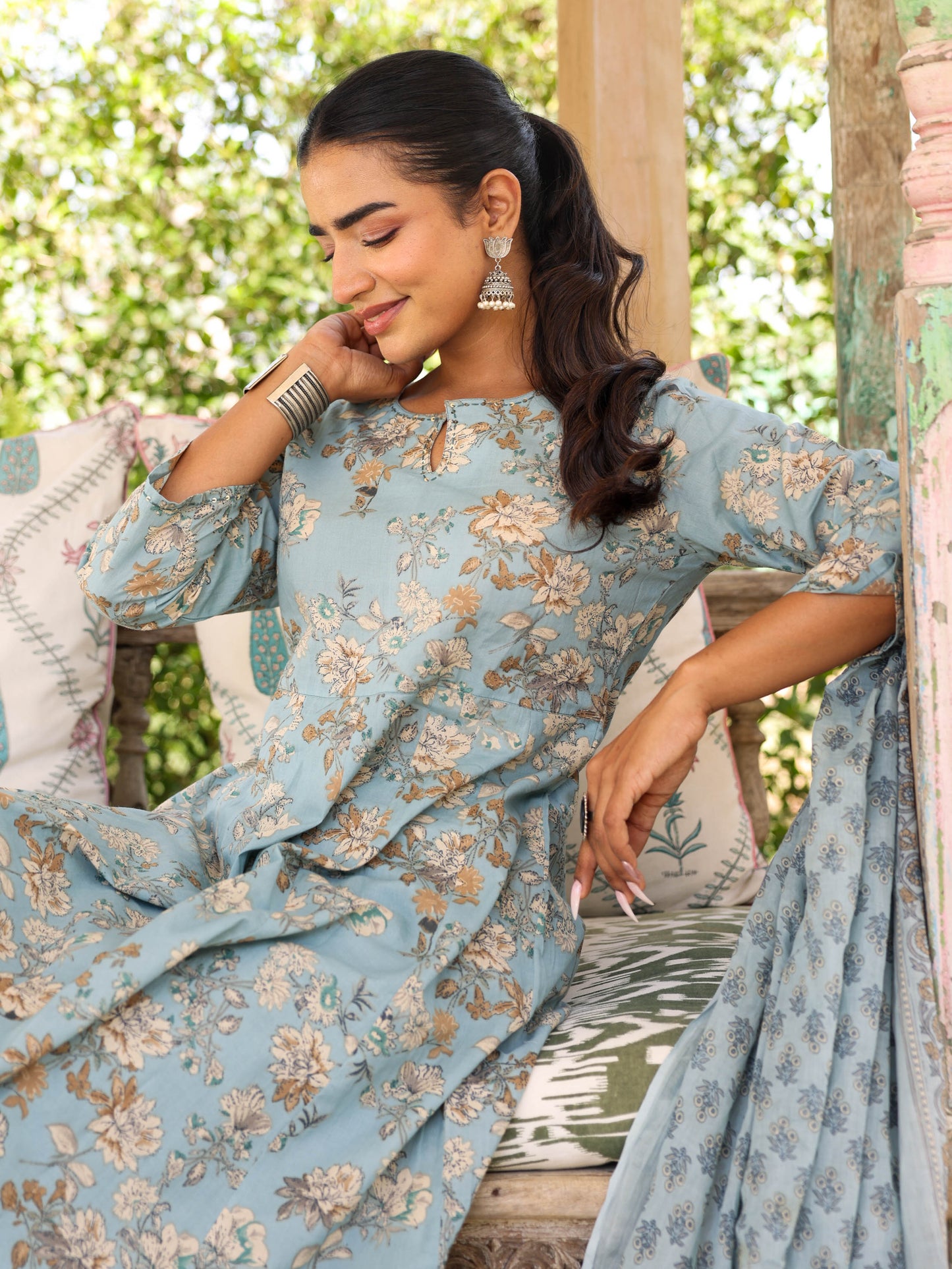 Embroidered Soft Cotton Floral Flared Blue Kurta