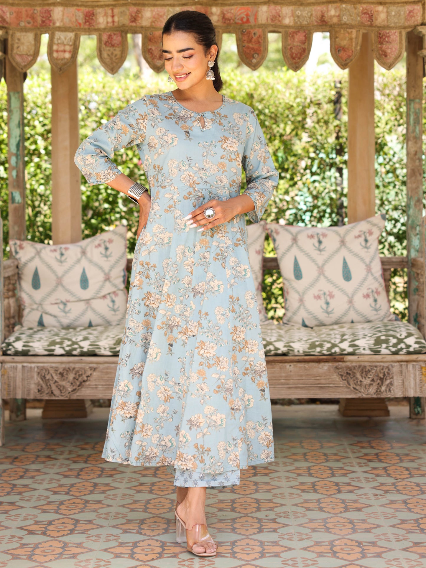 Embroidered Soft Cotton Floral Flared Blue Kurta