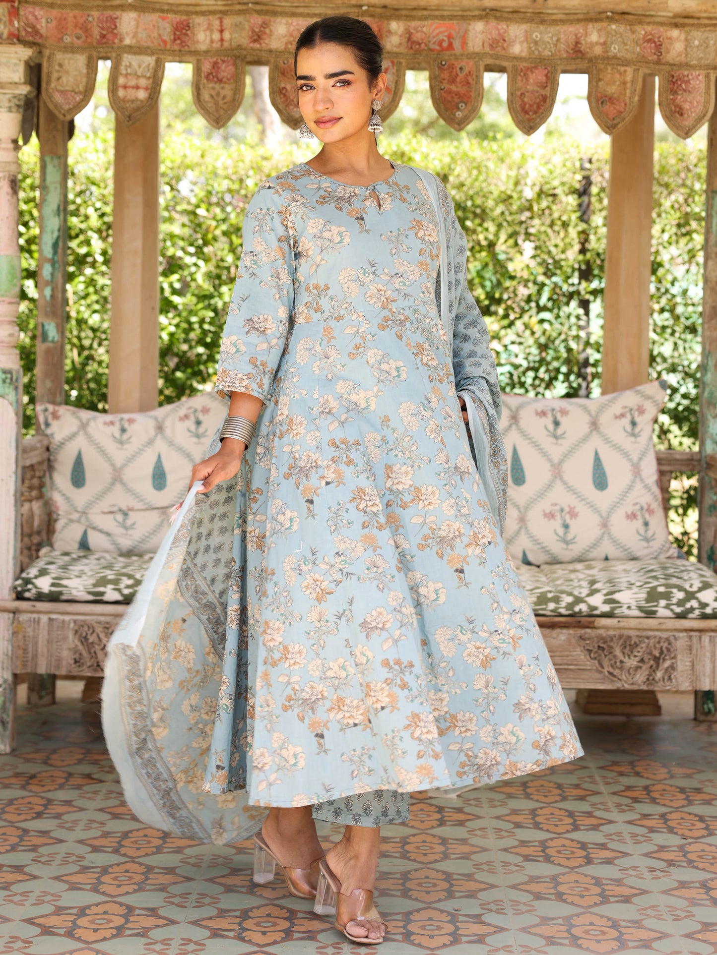 Embroidered Soft Cotton Floral Flared Blue Kurta