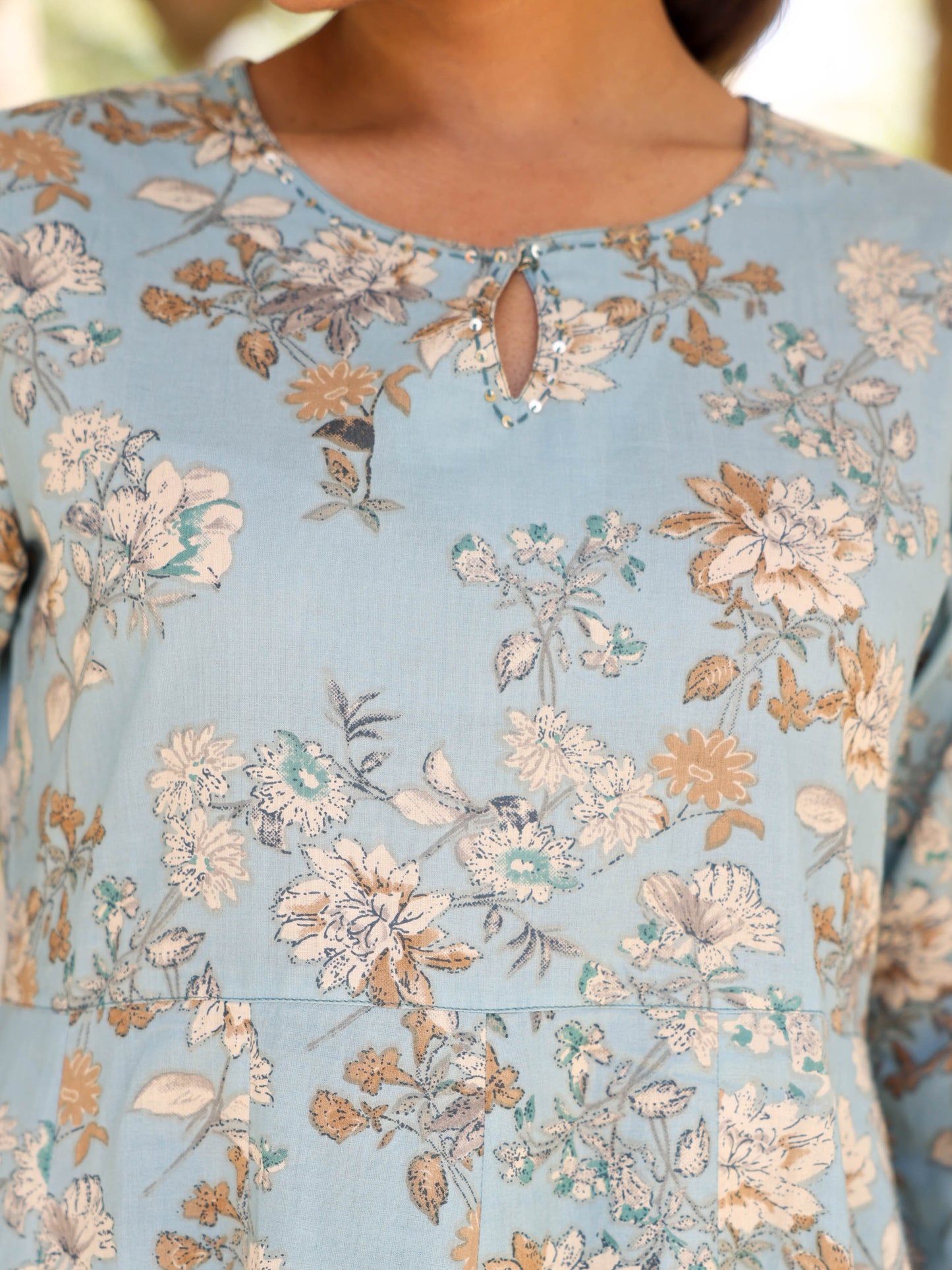 Embroidered Soft Cotton Floral Flared Blue Kurta