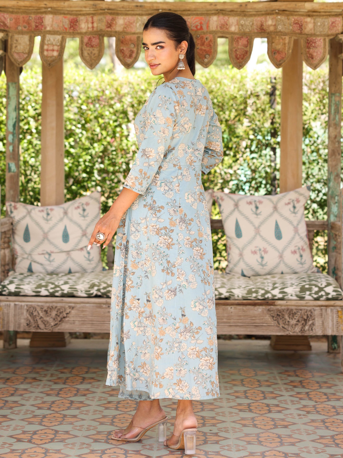 Embroidered Soft Cotton Floral Flared Blue Kurta