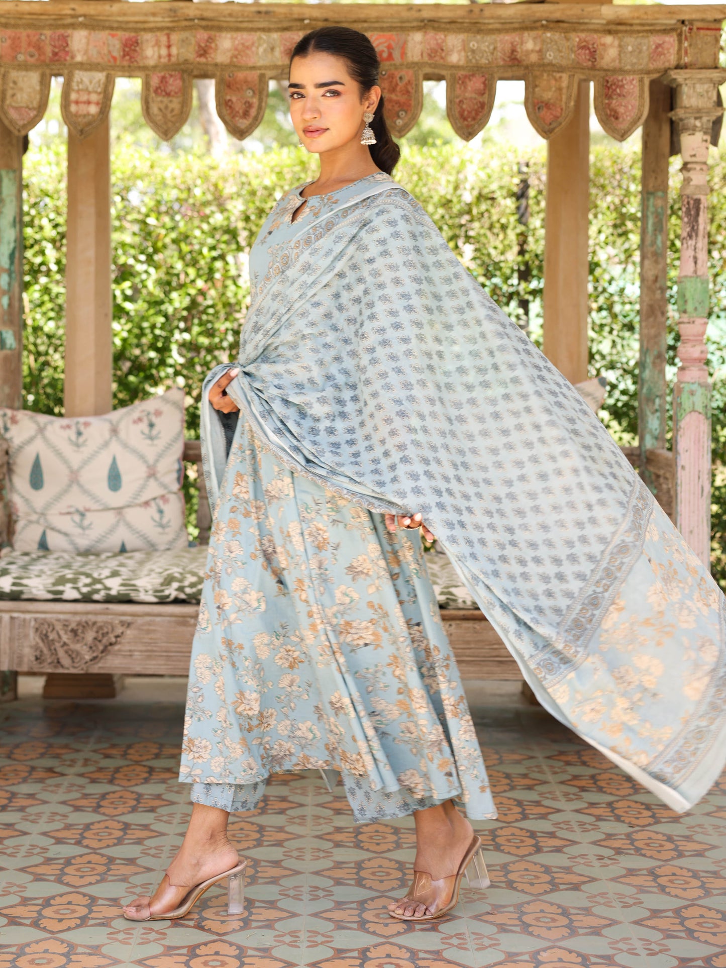 Embroidered Soft Cotton Floral Flared Blue Kurta