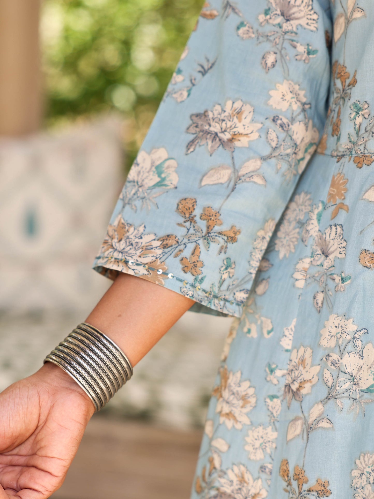 Embroidered Soft Cotton Floral Flared Blue Kurta