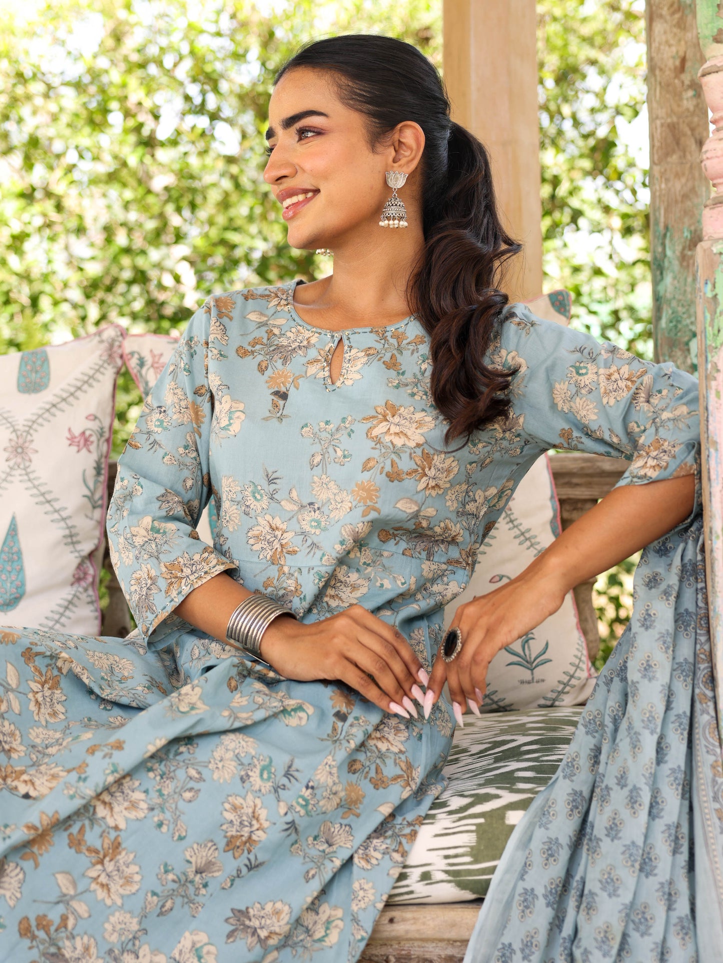 Embroidered Soft Cotton Floral Flared Blue Kurta