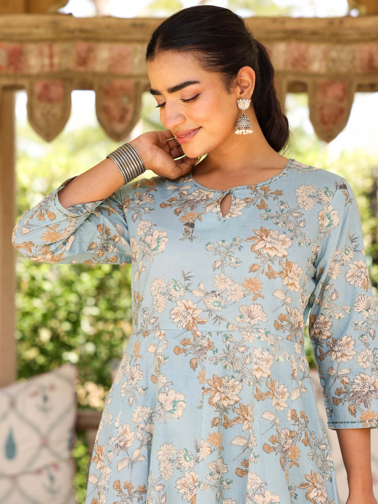 Embroidered Soft Cotton Floral Flared Blue Kurta