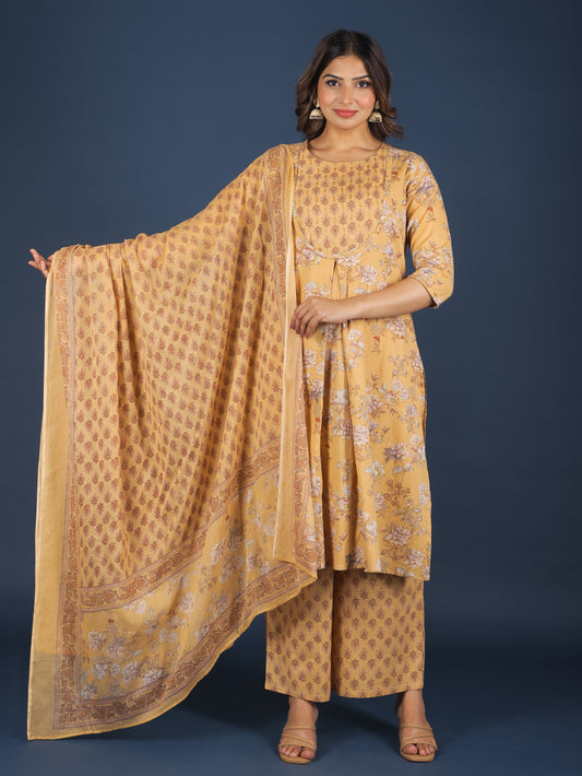 Soft Cotton Floral A-line Yellow Kurta