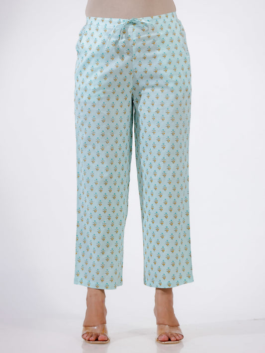 Soft Cotton Floral Blue Straight Trousers
