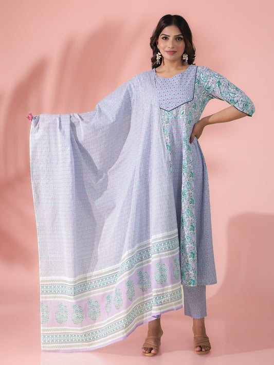 Soft Cotton Floral Anarkali Lavender Kurta