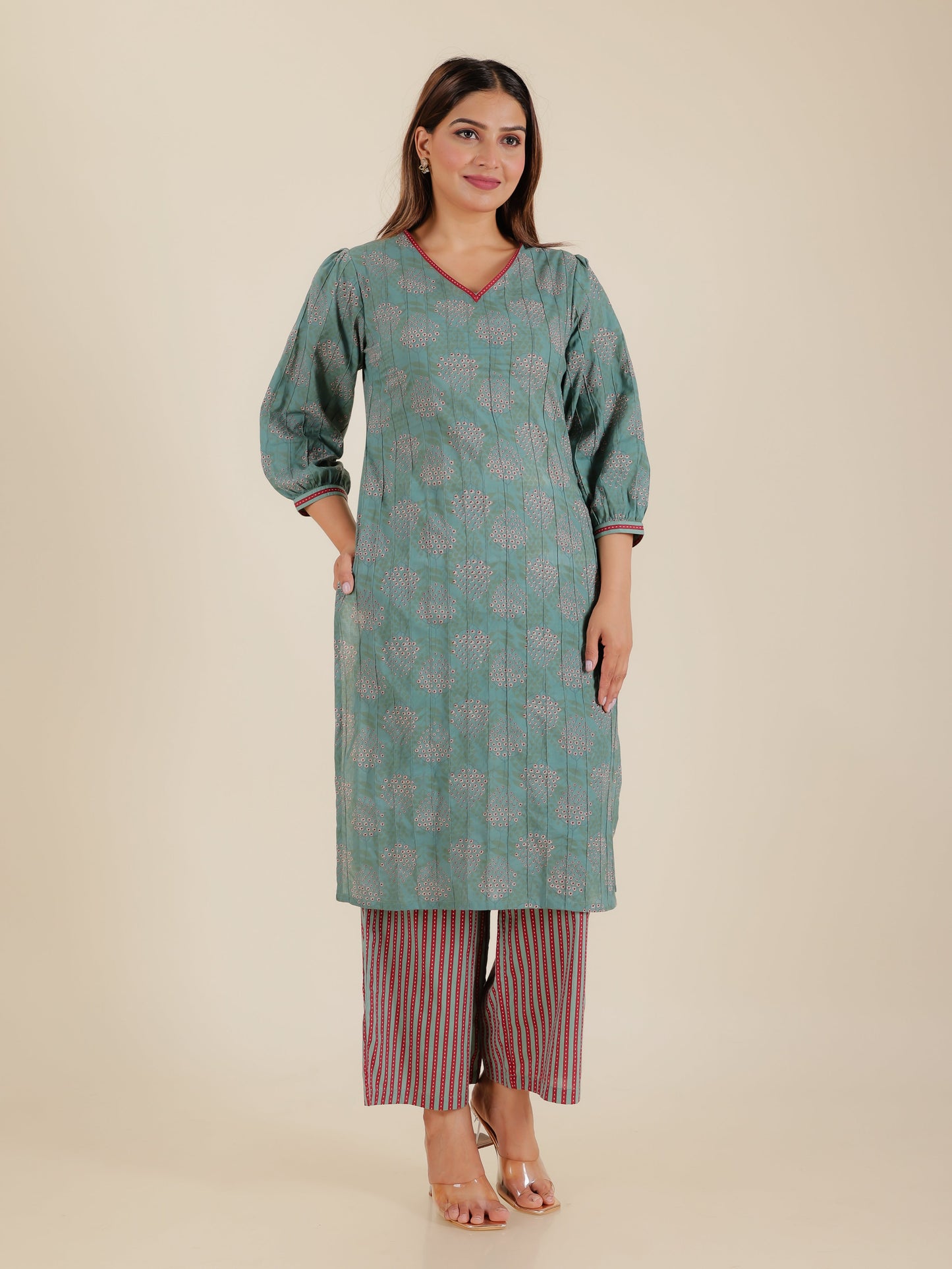 Soft Cotton Floral Straight Green Kurta