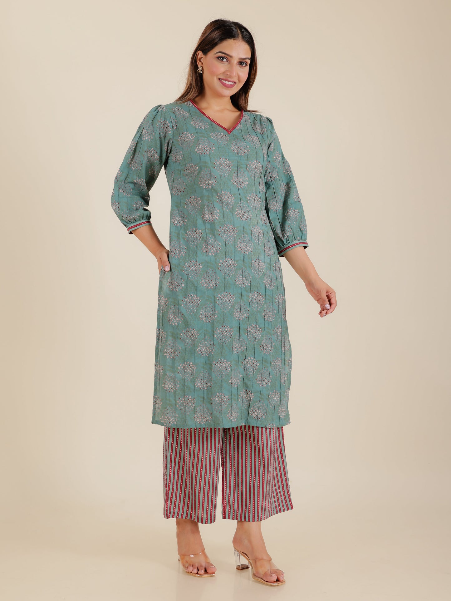 Soft Cotton Floral Straight Green Kurta