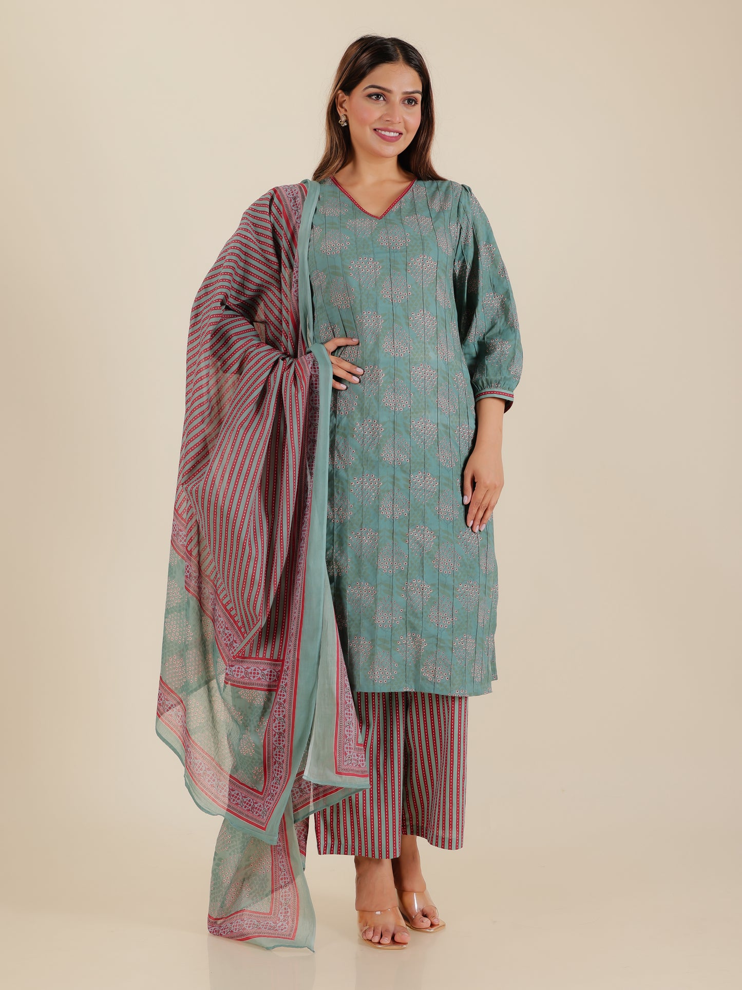 Soft Cotton Floral Straight Green Kurta