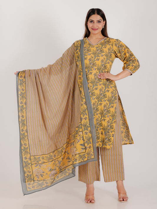 Soft Cotton Floral Straight Yellow Kurta