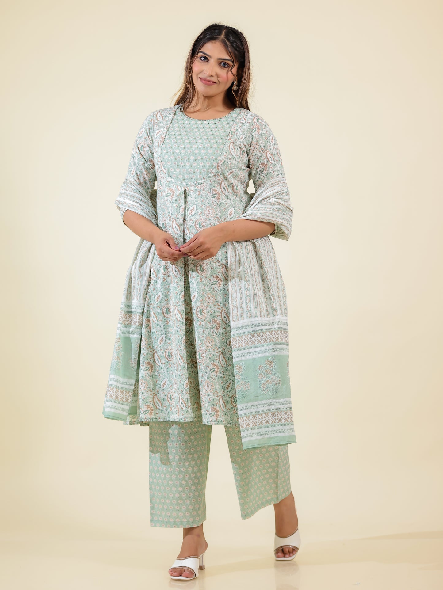 Soft Cotton Floral A-line Green Kurta