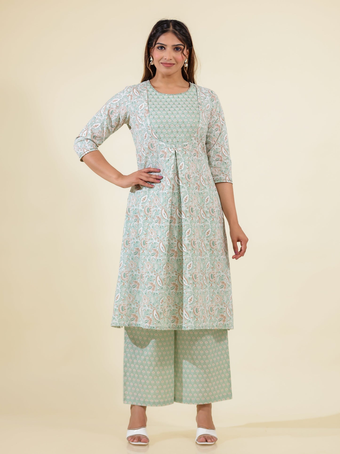 Soft Cotton Floral A-line Green Kurta