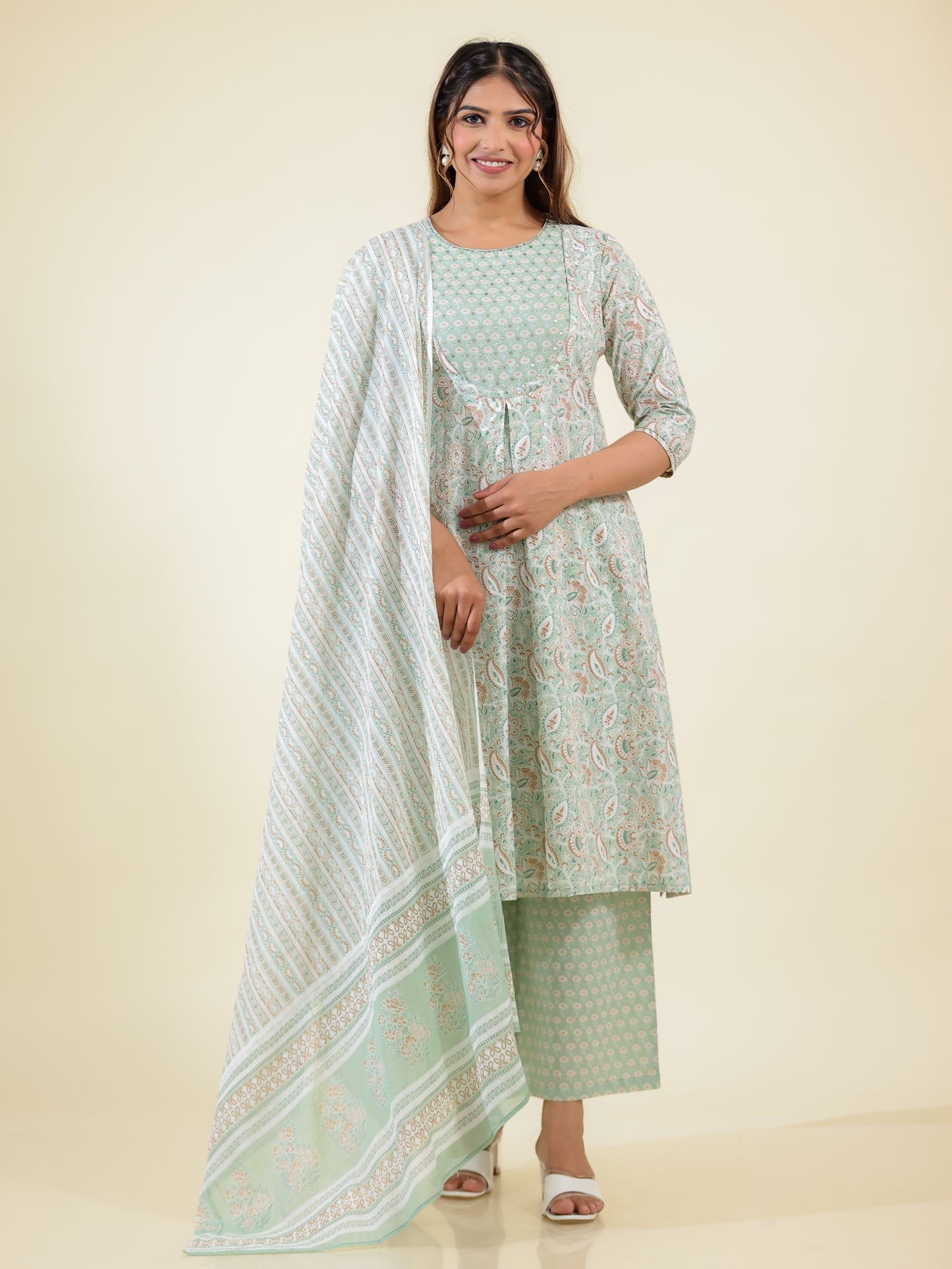 Soft Cotton Floral A-line Green Kurta