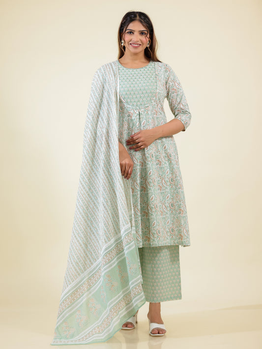 Soft Cotton Floral A-line Green Kurta