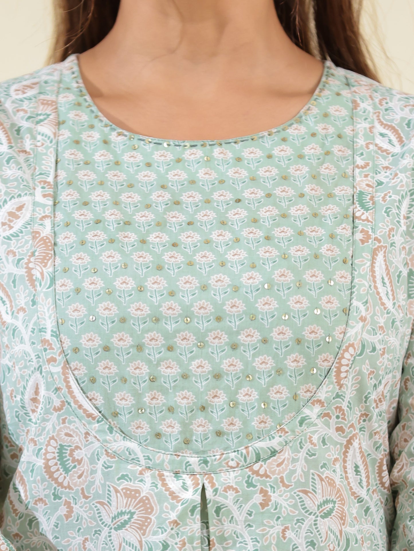 Soft Cotton Floral A-line Green Kurta