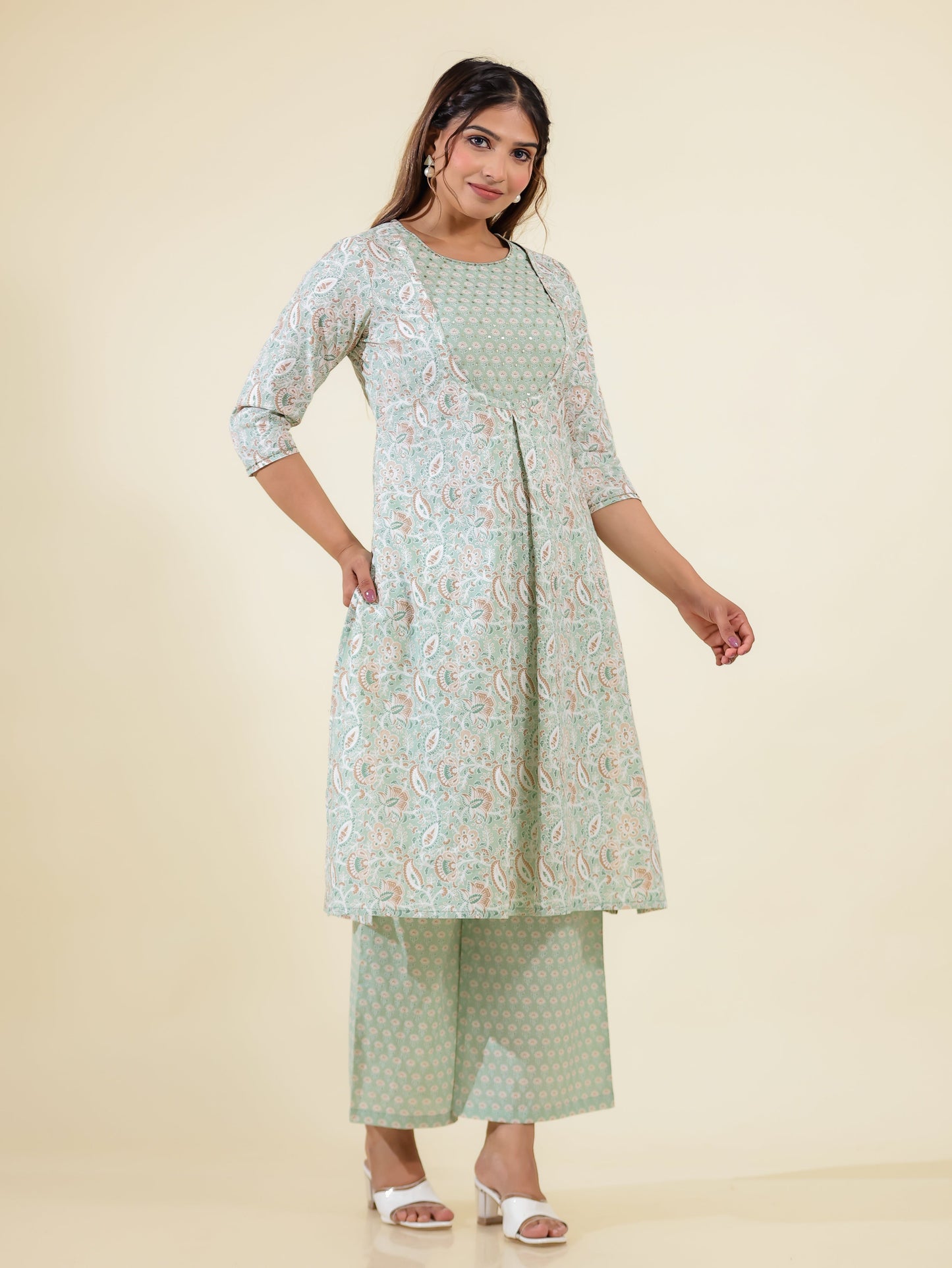 Soft Cotton Floral A-line Green Kurta