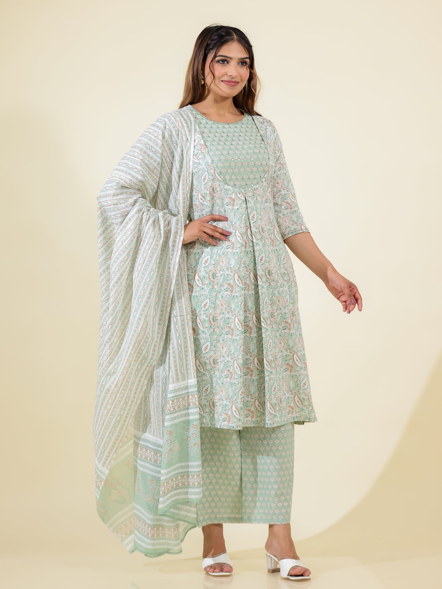 Soft Cotton Floral A-line Green Kurta