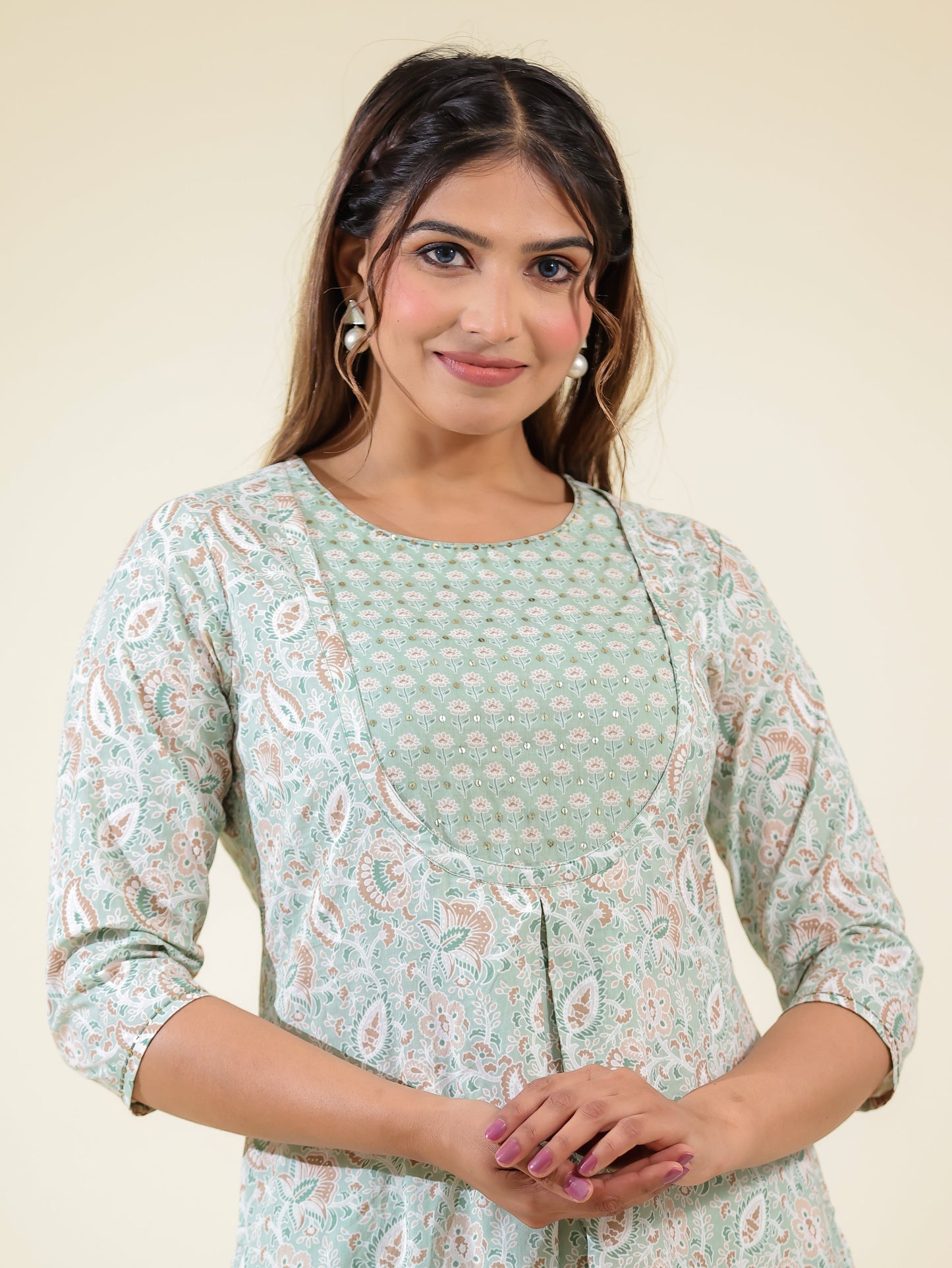 Soft Cotton Floral A-line Green Kurta