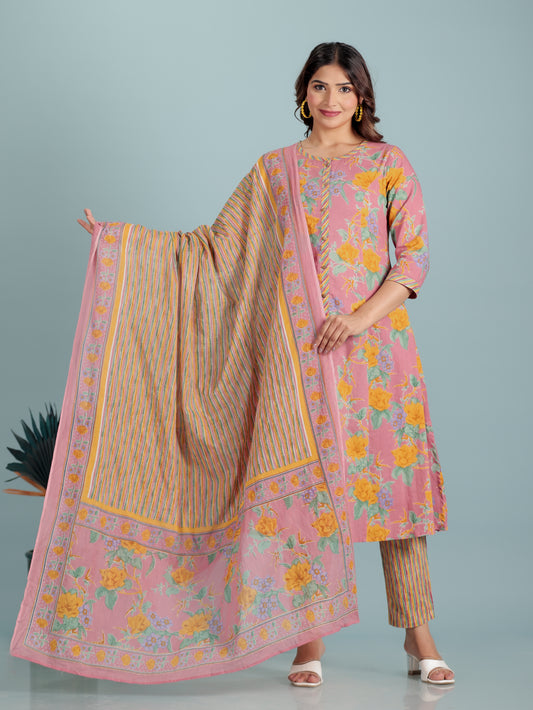 Soft Cotton Floral A-line Pink Kurta