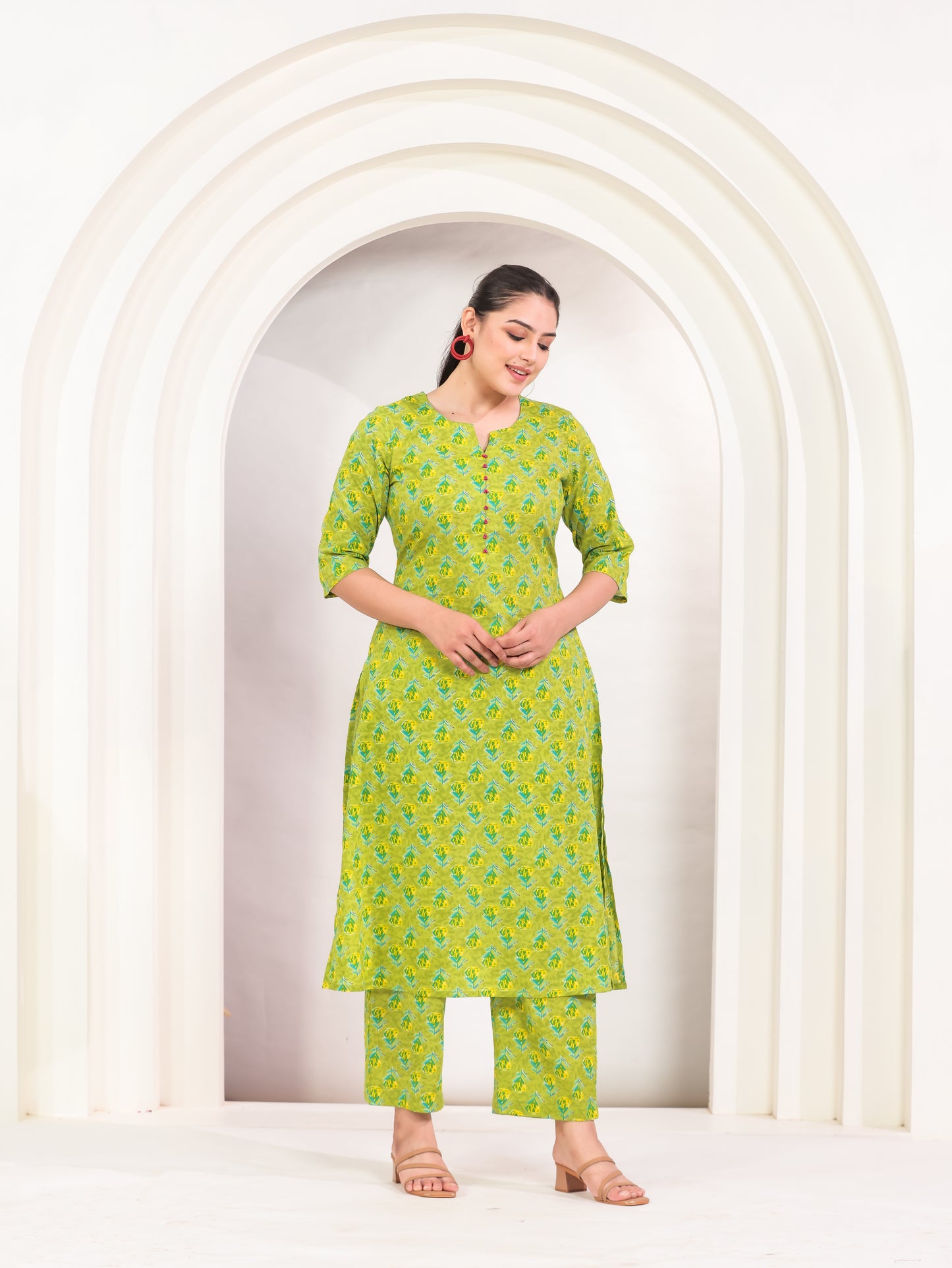 Soft Cotton Butti A-line Green Kurta