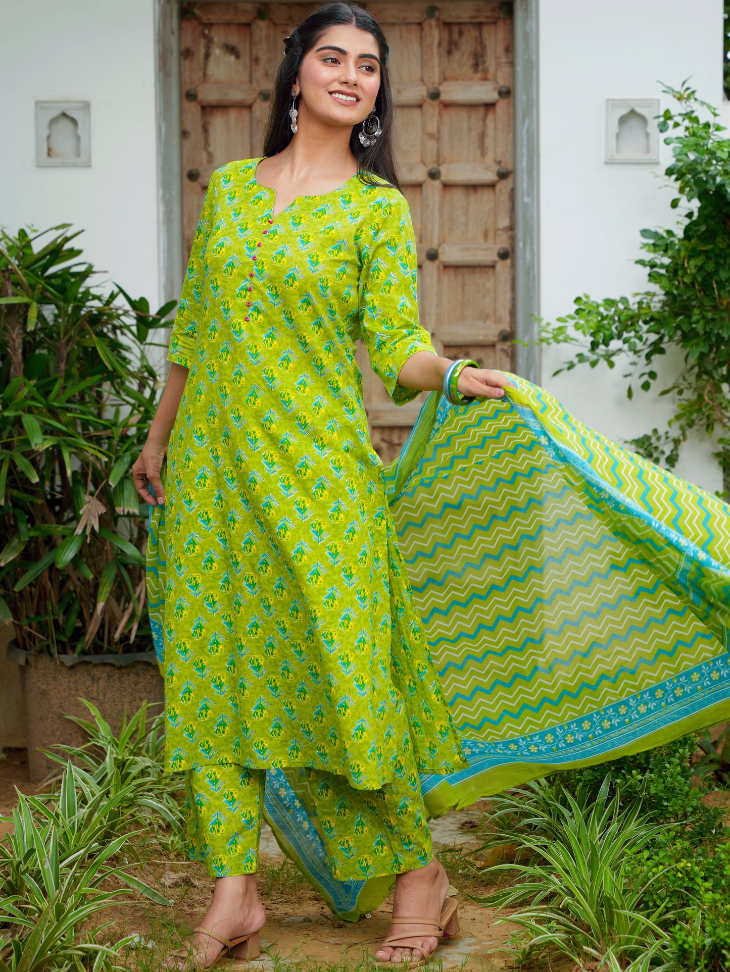 Soft Cotton Butti A-line Green Kurta