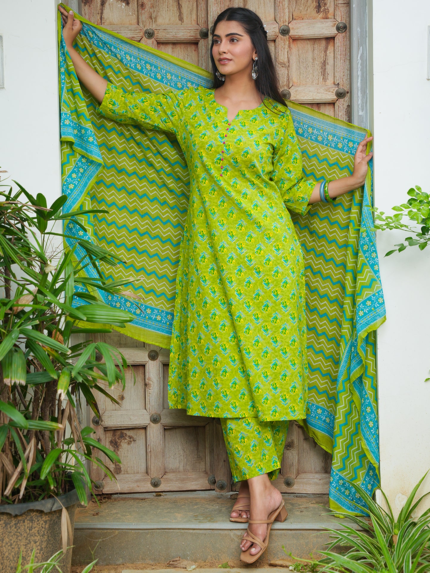 Soft Cotton Butti A-line Green Kurta