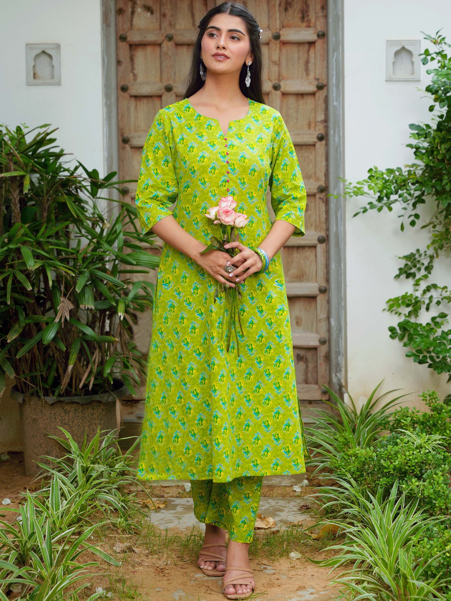 Soft Cotton Butti A-line Green Kurta