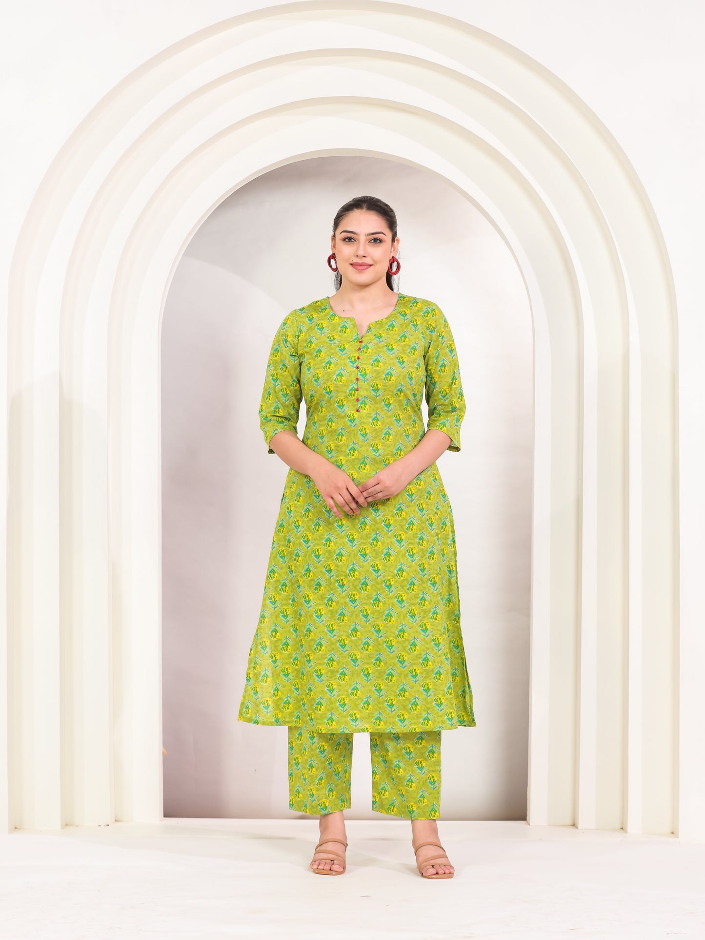 Soft Cotton Butti A-line Green Kurta