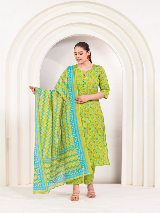 Soft Cotton Butti A-line Green Kurta